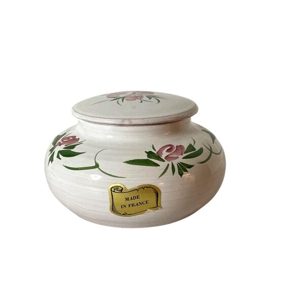 Vtg Hand-Painted French Rose Pottery Bowl with Lid Made in France White & Pink - Picture 2 of 10